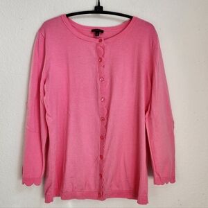 Talbots Pink Cotton Blend Cardigan With Scalloped Trim Edges, Size L